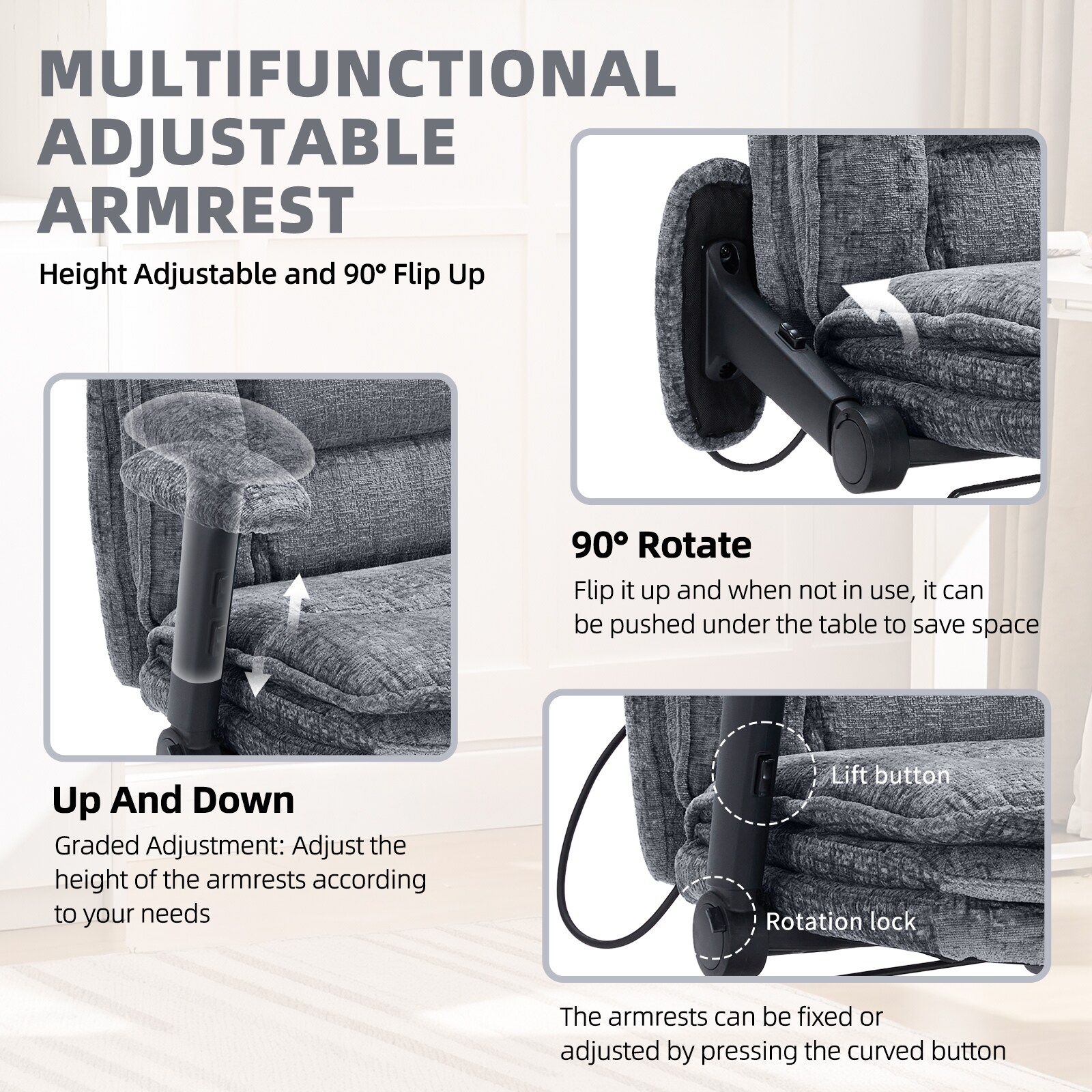 Criss Cross Chair With Wheels And Flip Arms, Upholstered Cross Legged Office Chair With 3 Layer Cushions&Dynamic Airbag Lumbar Support, Wide Seat Comfy Desk Chair For Home Office, Living Room, Grey_maomaolike.com